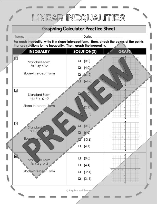 Graph Linear Inequalities: TI-84 Plus CE Calculator Reference Sheet & Practice