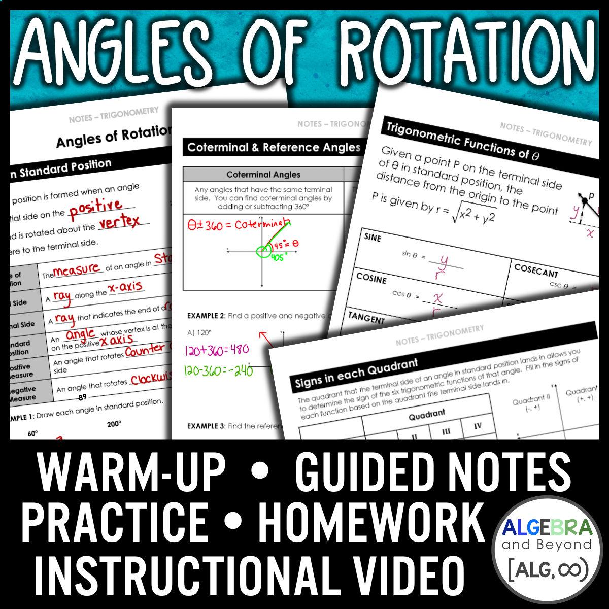 Angles of Rotation Lesson | Trigonometry | Algebra 2 | Video | Notes | Homework