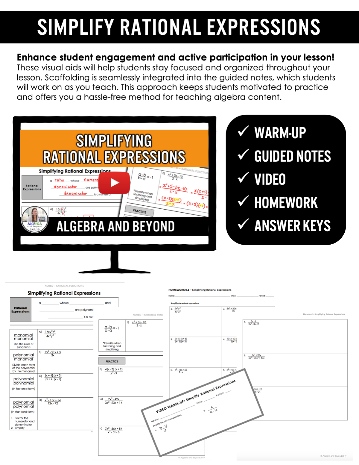Simplify Rational Expressions Lesson | Video | Guided Notes | Homework