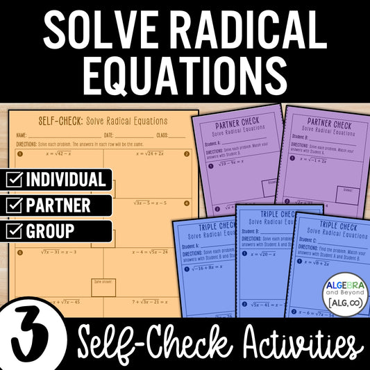 Radical Equations with 1 & 2 solutions Review Activity – Practice Worksheets