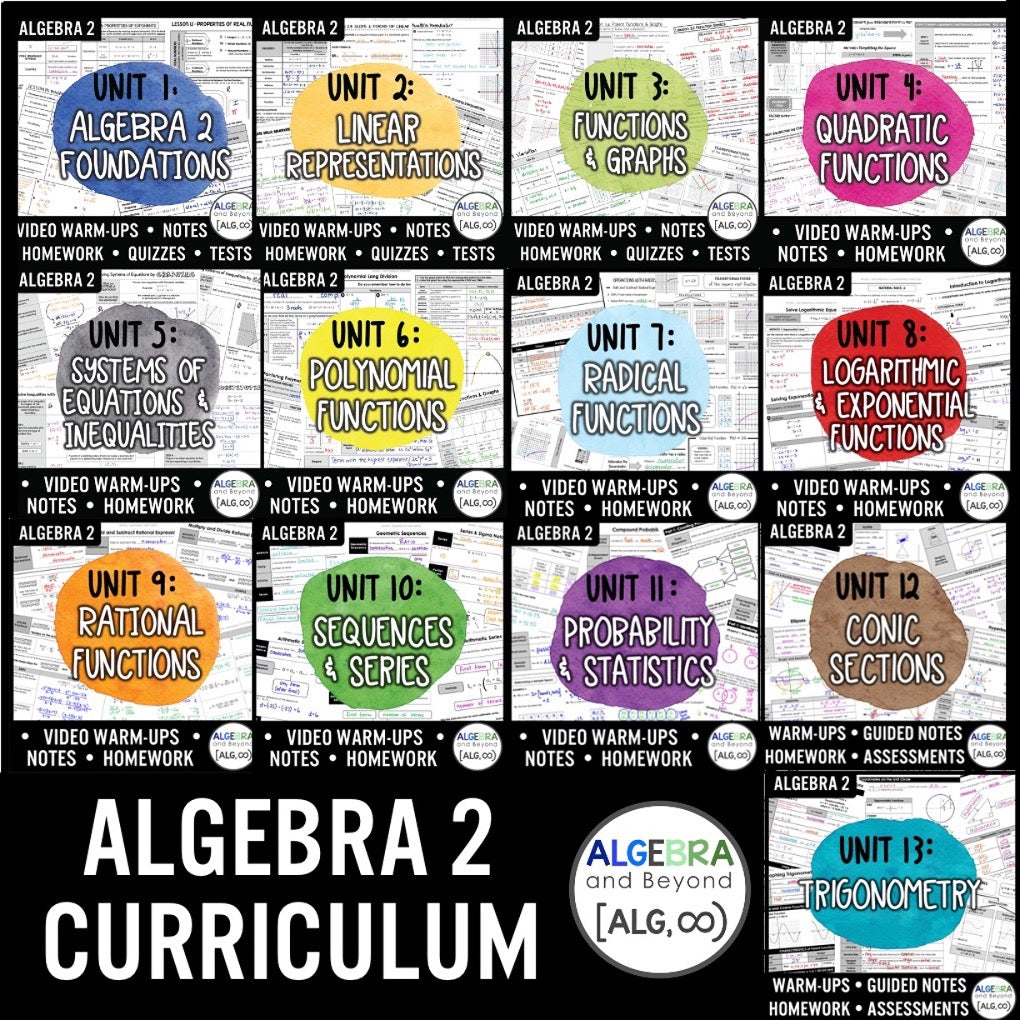 Algebra 2 Year Long Curriculum Bundle: Learning Targets, Outlines, Lessons, Warm-Ups, Guided Notes, Instructional Videos, Homework, and Assessments