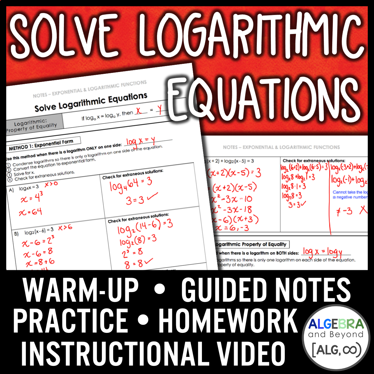 Solve Logarithmic Equations Lesson | Video | Guided Notes | Homework