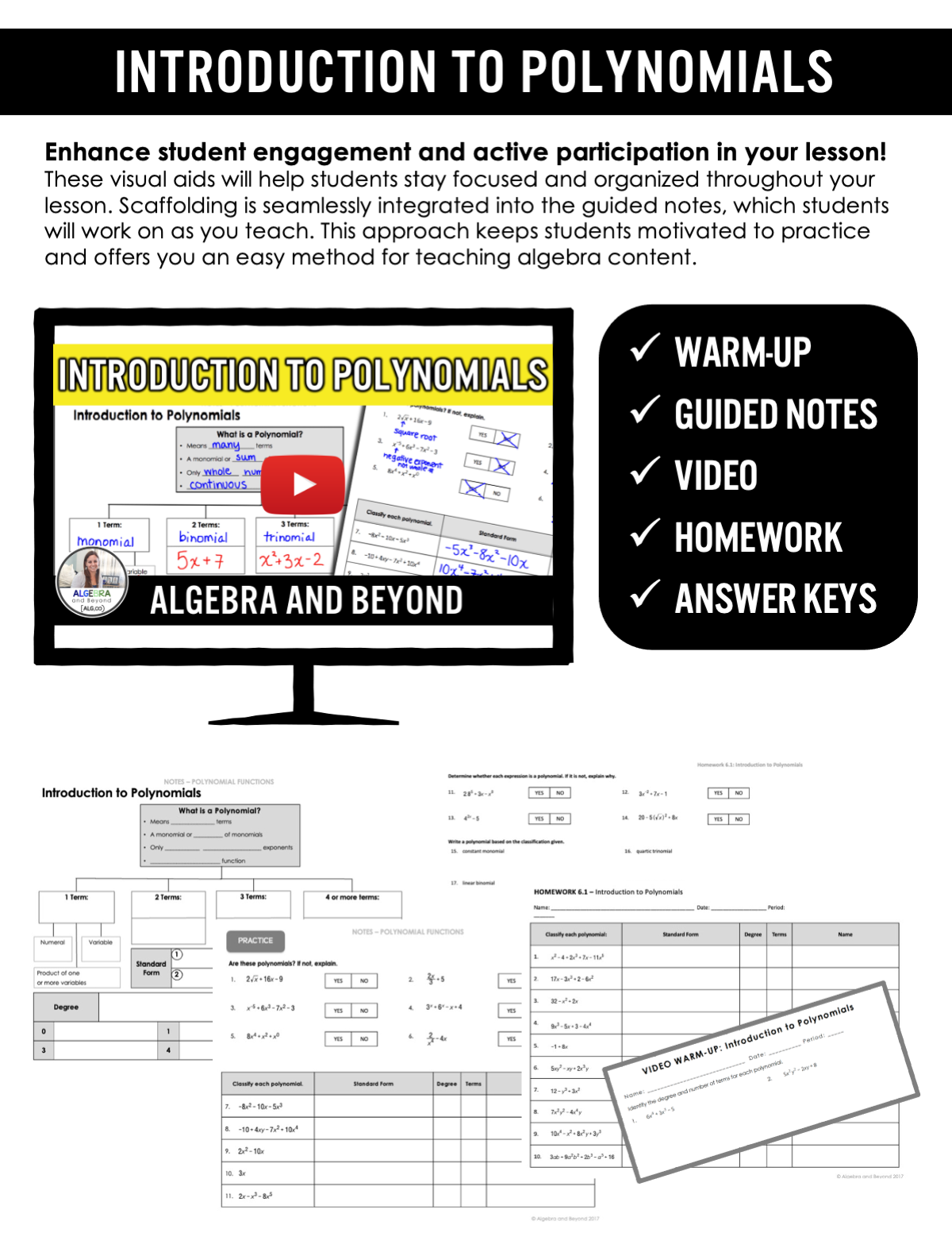 Introduction to Polynomials Lesson | Video | Guided Notes | Homework
