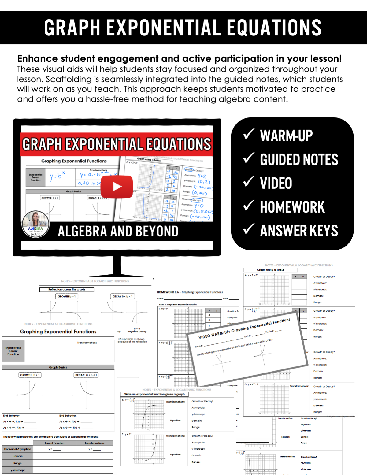 Graph Exponential Functions Lesson | Video | Guided Notes | Homework