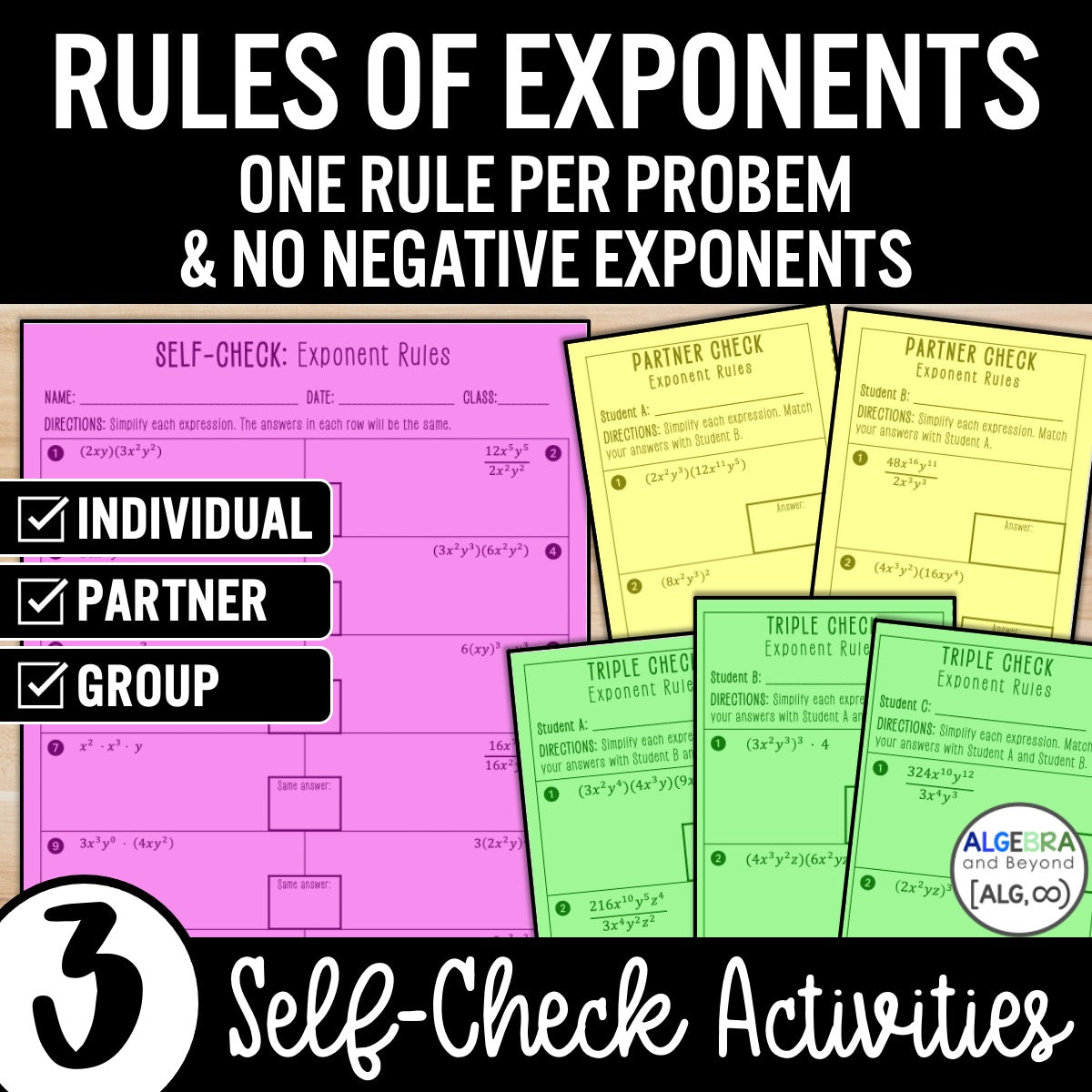 Exponent Rules (no negative exponents) Review Activity – Practice Worksheets