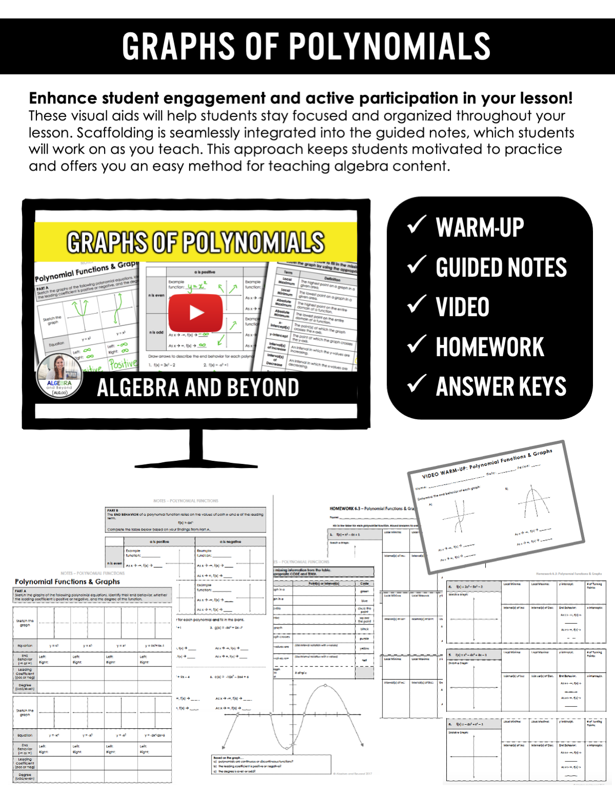 Graphs of Polynomials Lesson | Video | Guided Notes | Homework