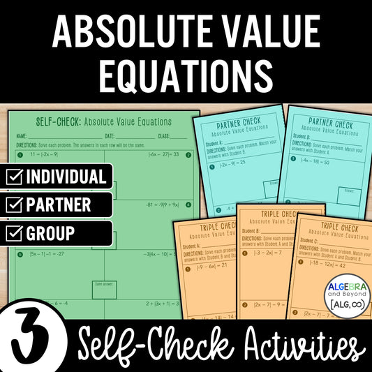 Solve Absolute Value Equations Review Practice Activity – Partner Worksheets
