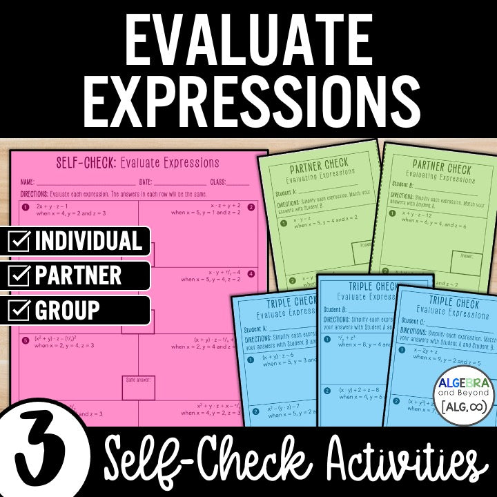 Evaluating Algebraic Expressions Activity – Self-Check Practice Worksheets