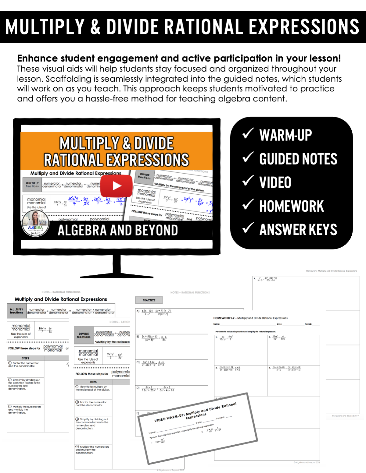 Multiply and Divide Rational Expressions Lesson | Warm-Up | Guided Notes | Homew