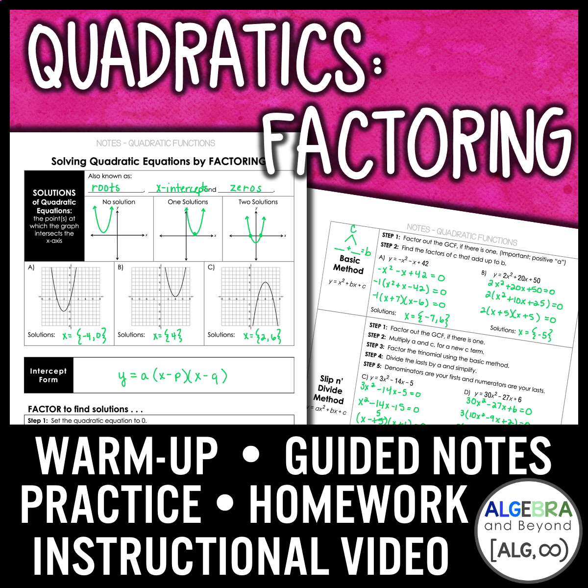 Quadratic Equations: Factoring Lesson | Warm-Up | Guided Notes | Homework