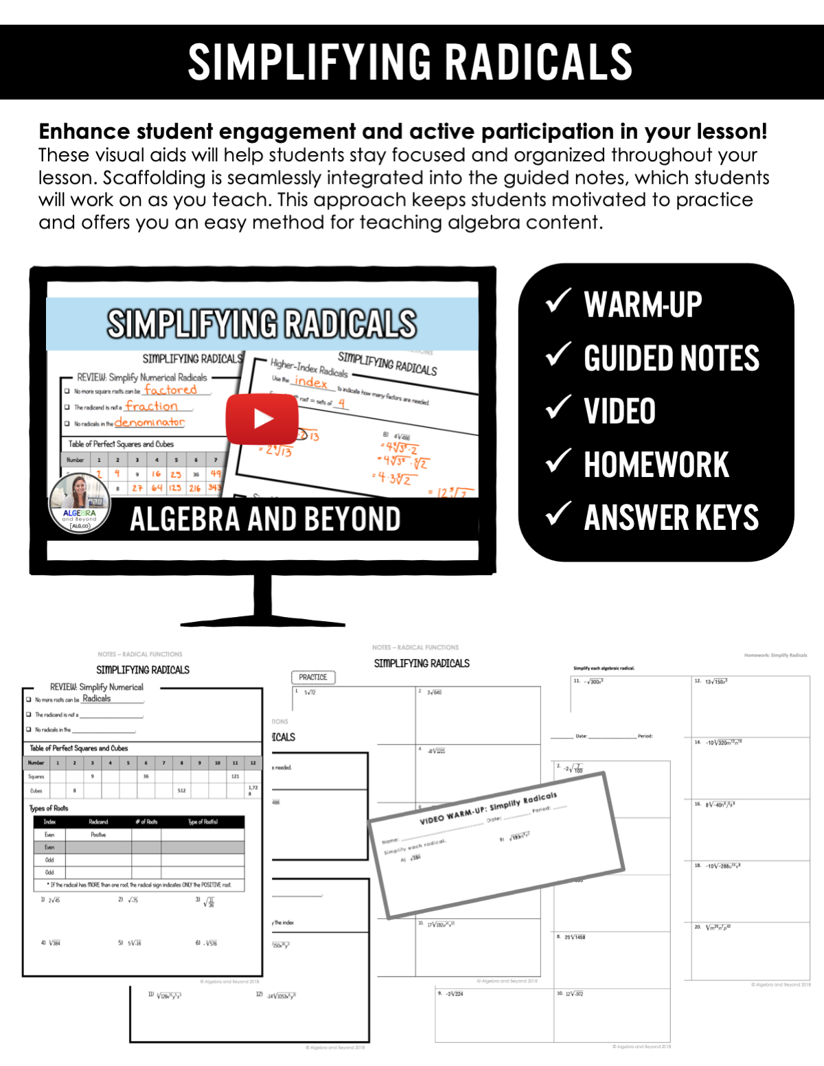 Simplifying Radical Expressions Lesson | Video | Guided Notes | Homework