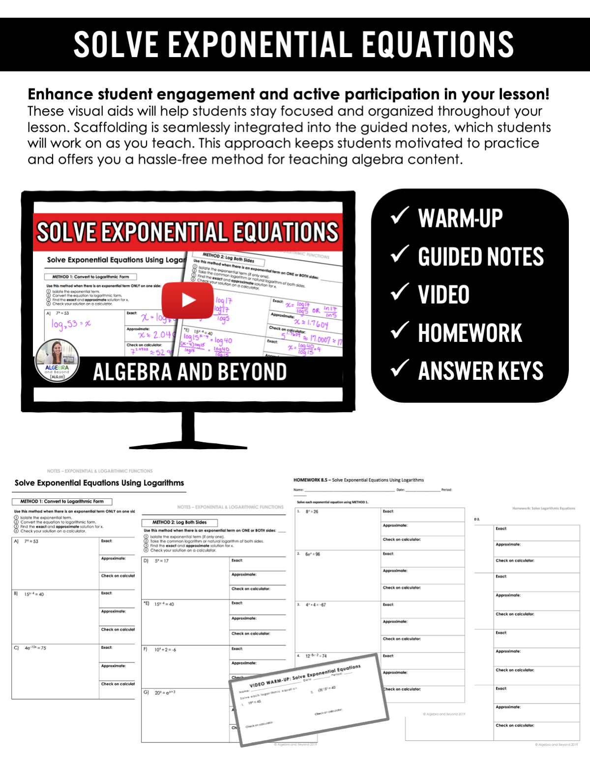 Solve Exponential Equations Lesson | Warm-Up | Guided Notes | Homework