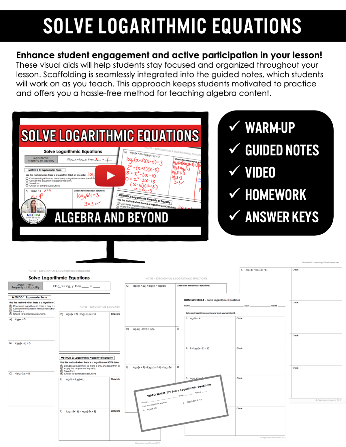 Solve Logarithmic Equations Lesson | Video | Guided Notes | Homework