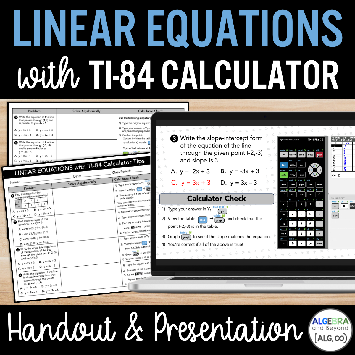 Linear Equations with TI-84 Graphing Calculator Practice Worksheet & Presentation