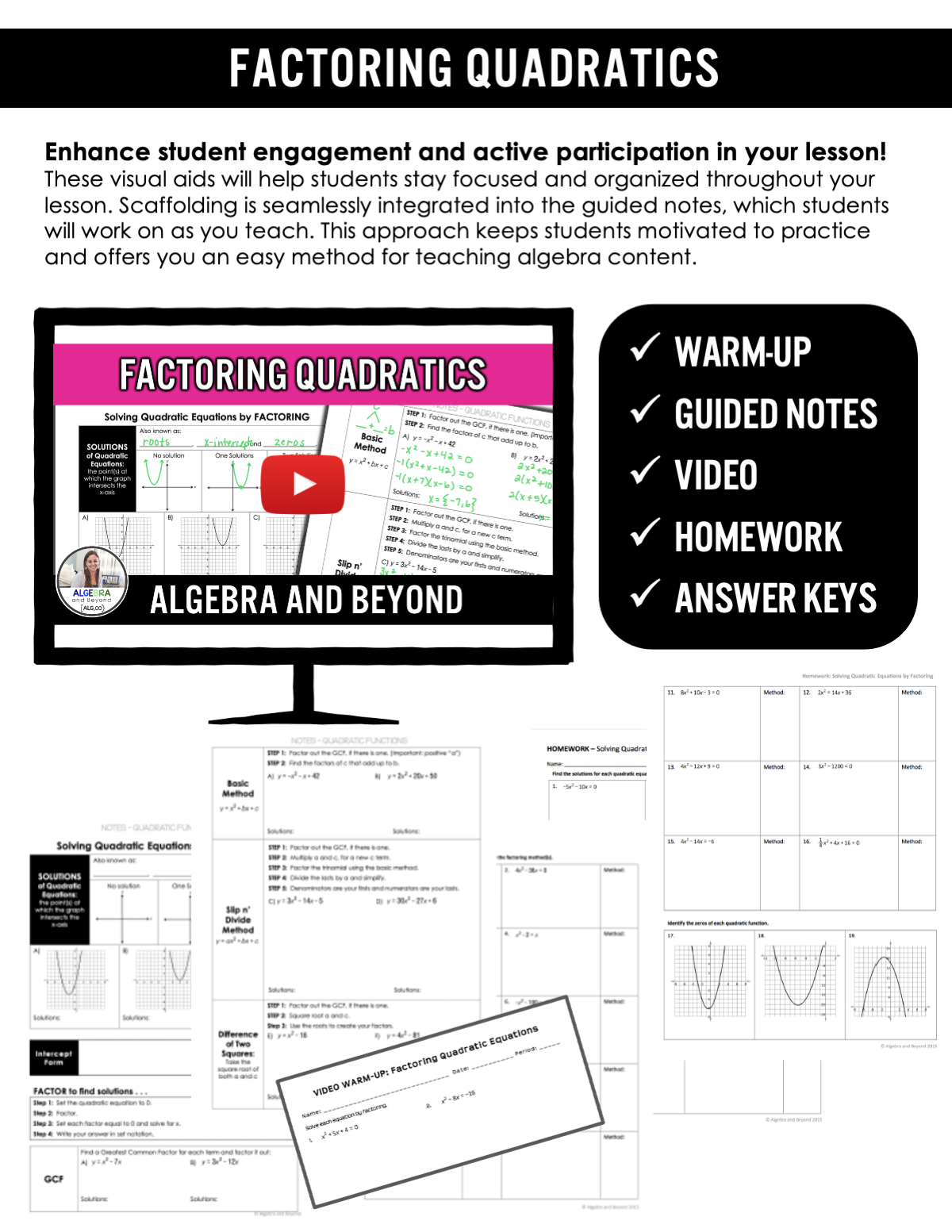 Quadratic Equations: Factoring Lesson | Warm-Up | Guided Notes | Homework
