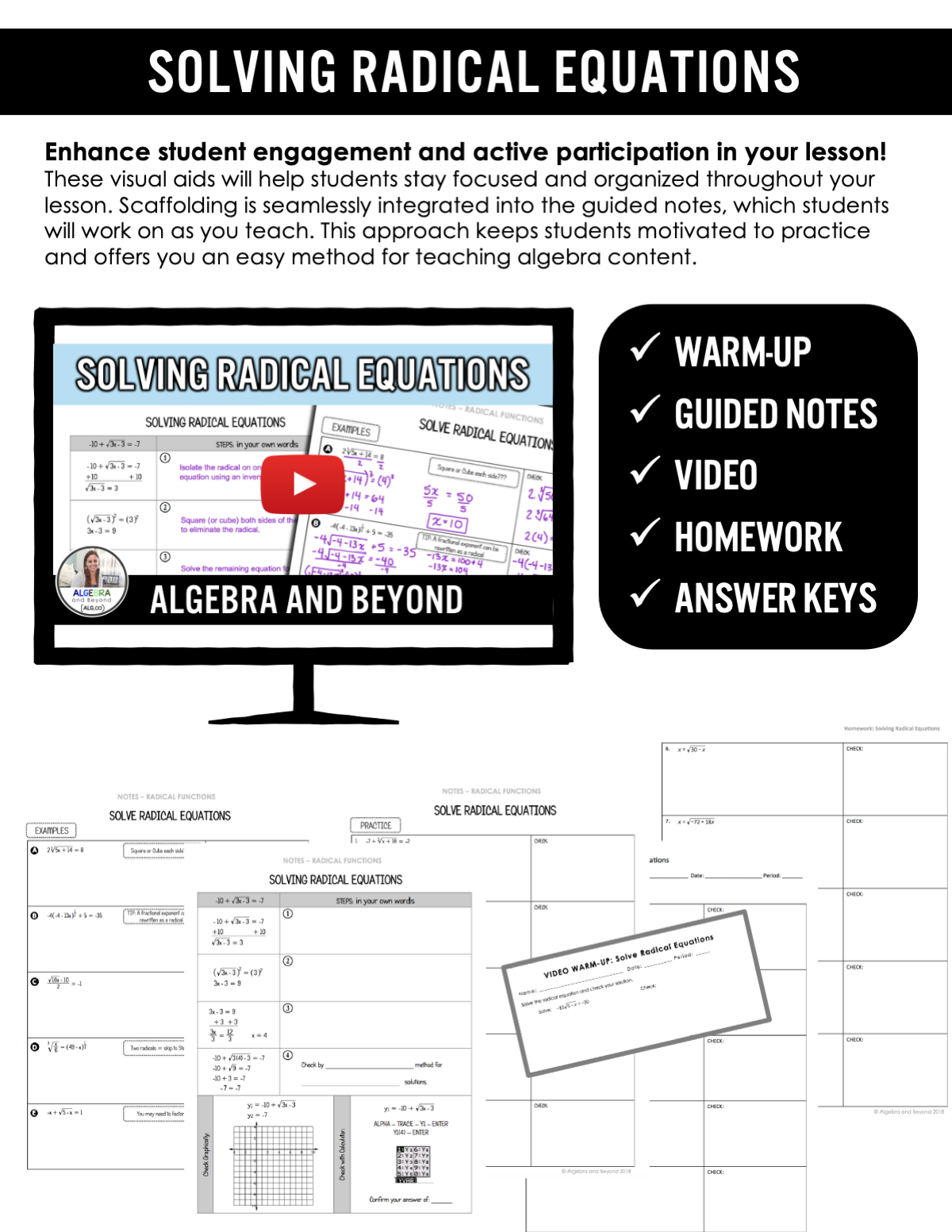 Solving Radical Equations Lesson | Video | Guided Notes | Homework
