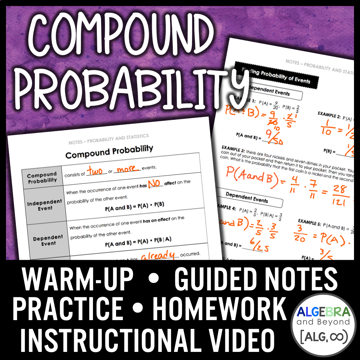 Compound Probability Lesson | Video | Guided Notes | Homework – Algebra ...