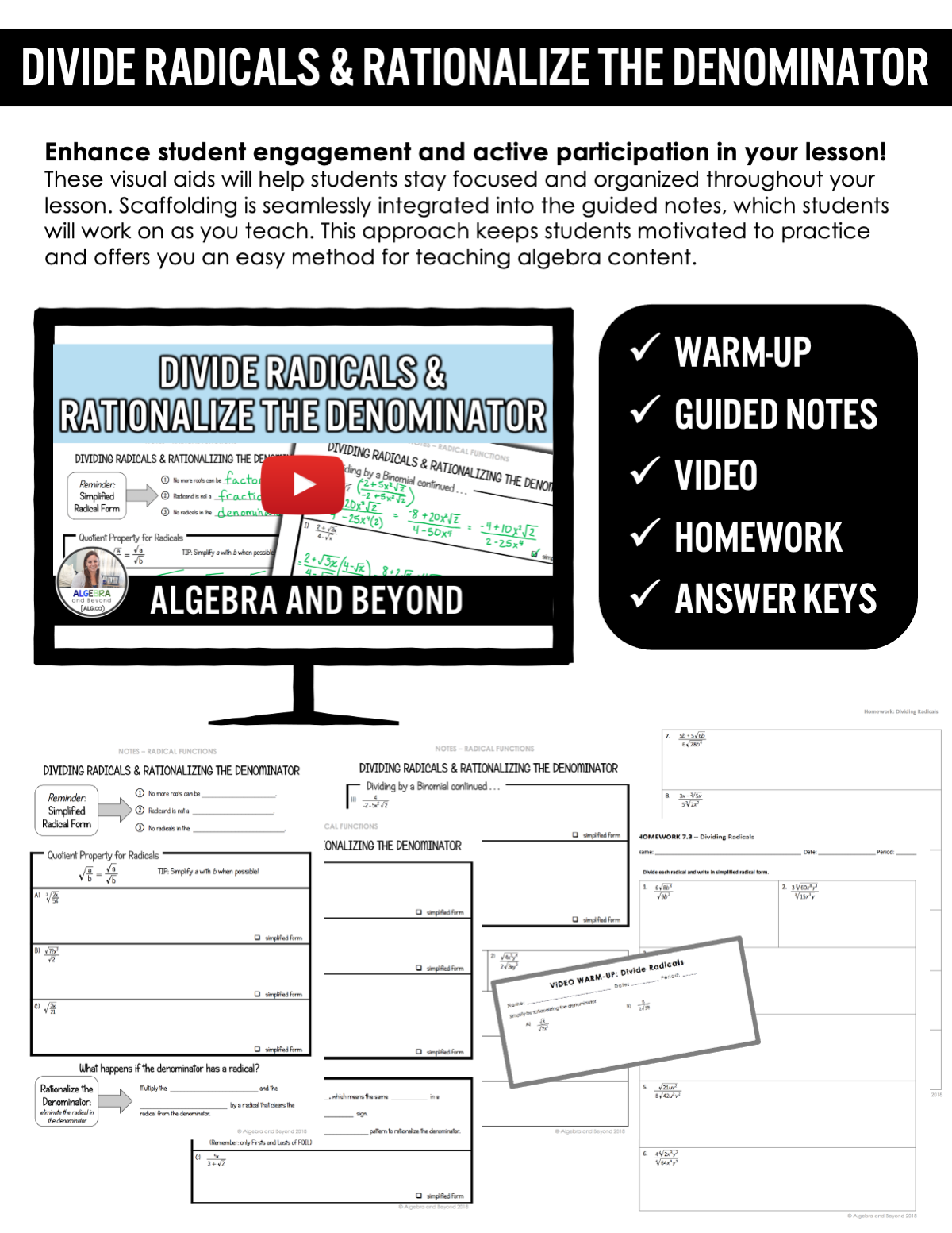 Divide Radicals & Rationalize Denominator Lesson | Video | Notes | Homework