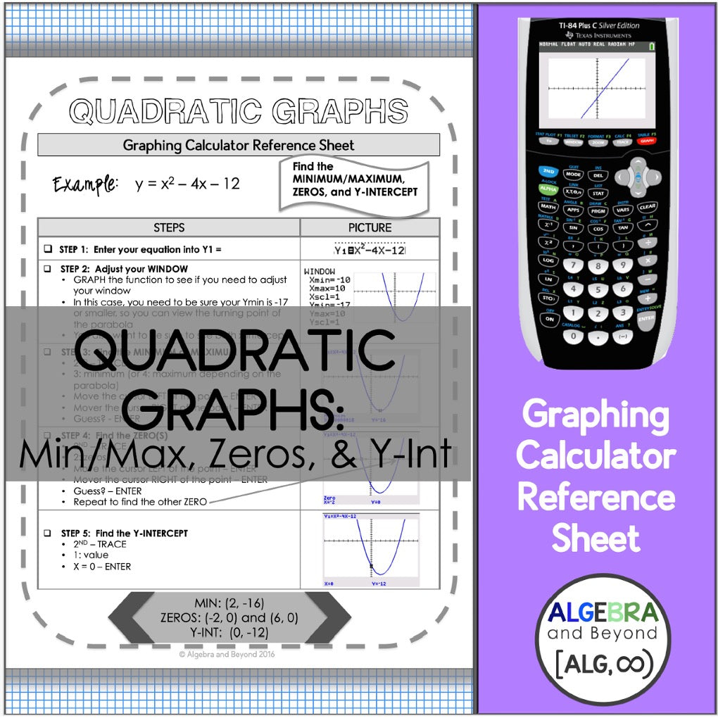 Graphing Quadratic Equations | TI-84 Calculator Reference Sheet and Practice