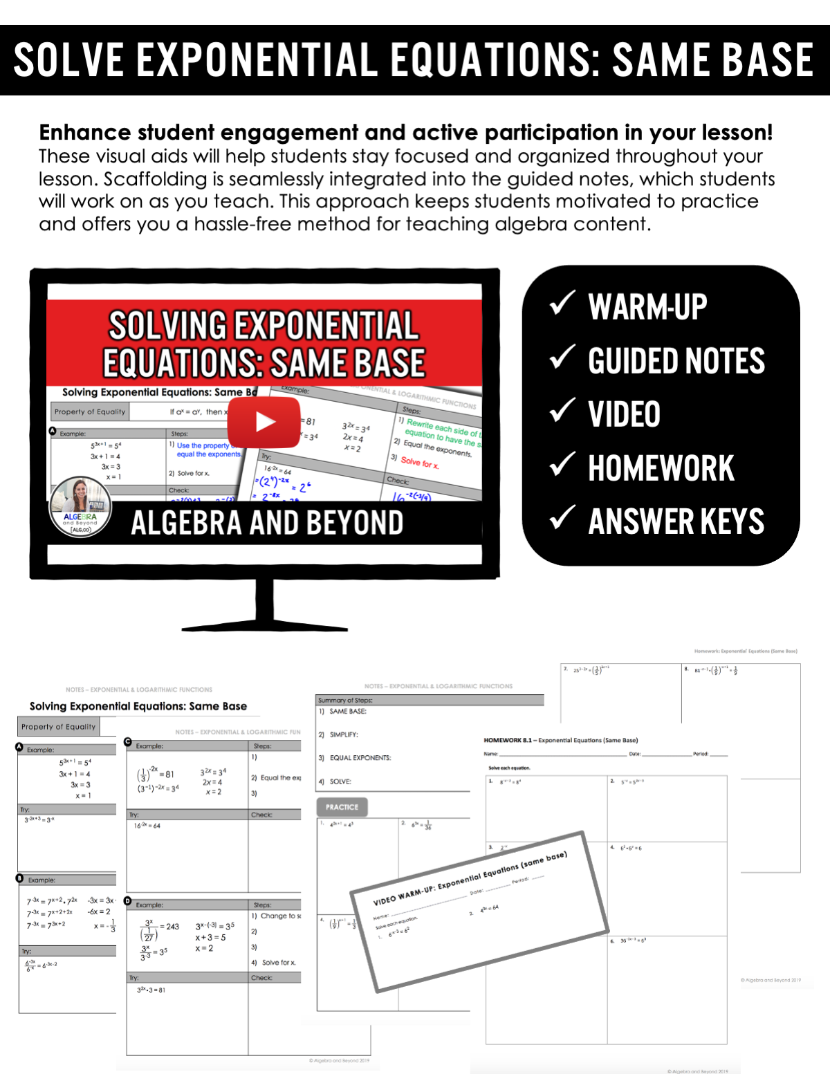 Solve Exponential Equations: Same Base Lesson | Video | Notes | Homework
