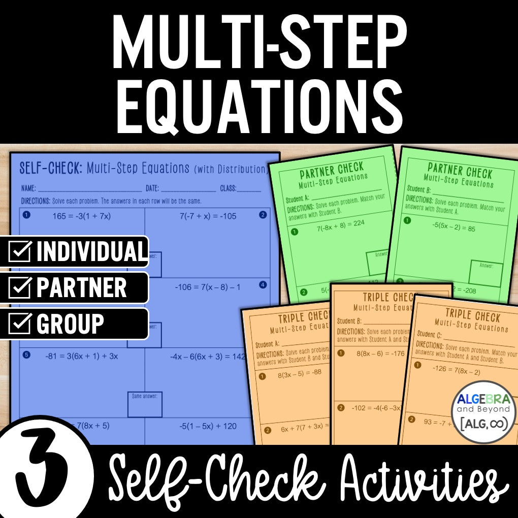 Multi-Step Equations Practice | Distribute | Self-Check Review Activities