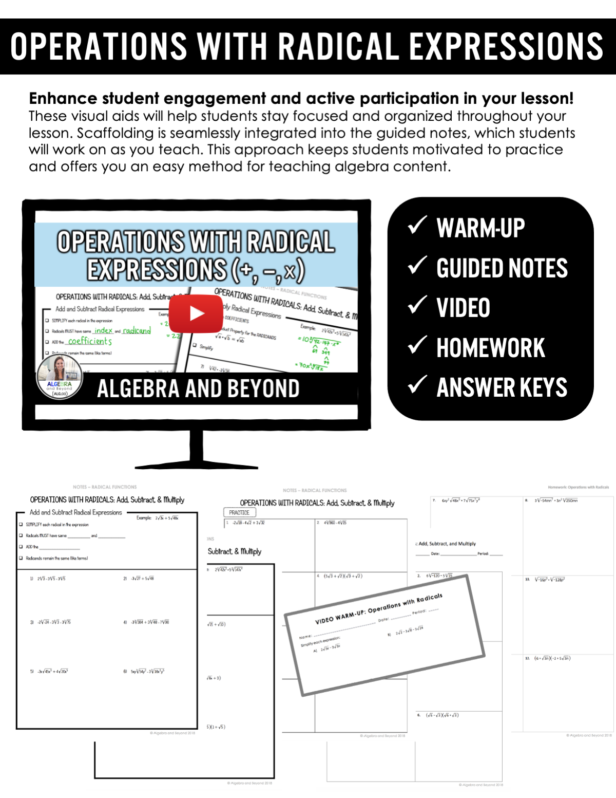 Operations with Radical Expressions Lesson | Video | Guided Notes | Homework