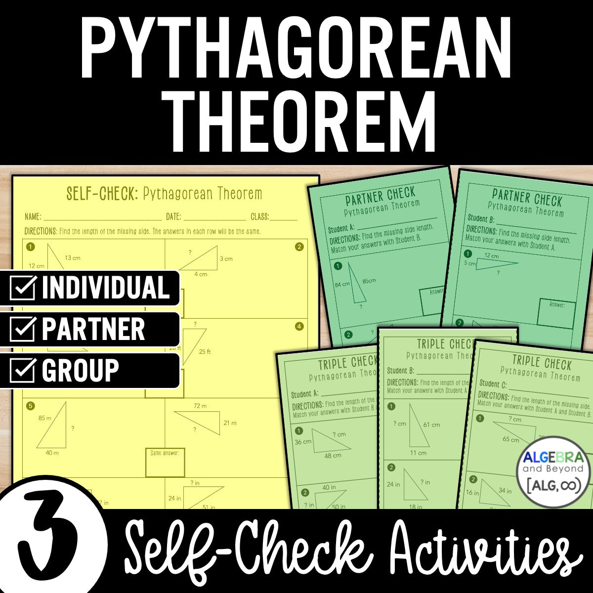 Pythagorean Theorem Review Activity – Self-Check Practice Worksheets