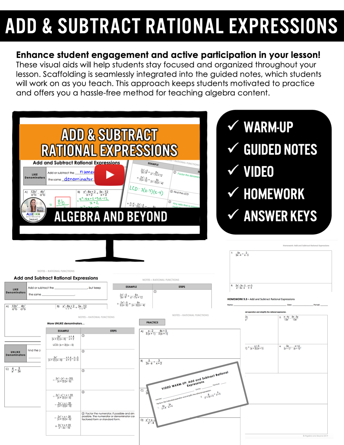 Add and Subtract Rational Expressions Lesson | Video | Guided Notes | Homework