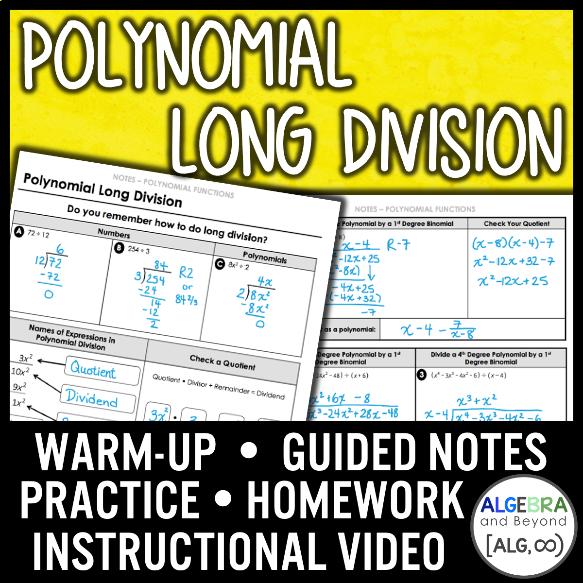 Polynomial Long Division Lesson | Video | Guided Notes | Homework