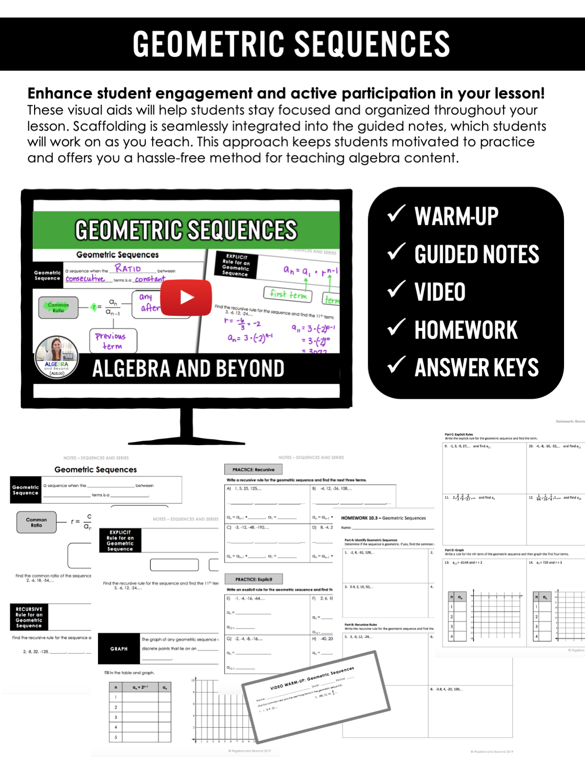 Geometric Sequences Lesson | Video | Guided Notes | Homework