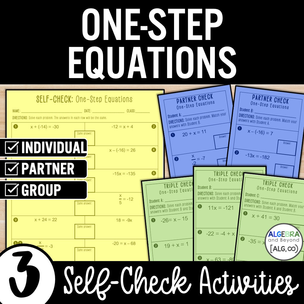 One-Step Equations | With Negatives | Self-Check Activities