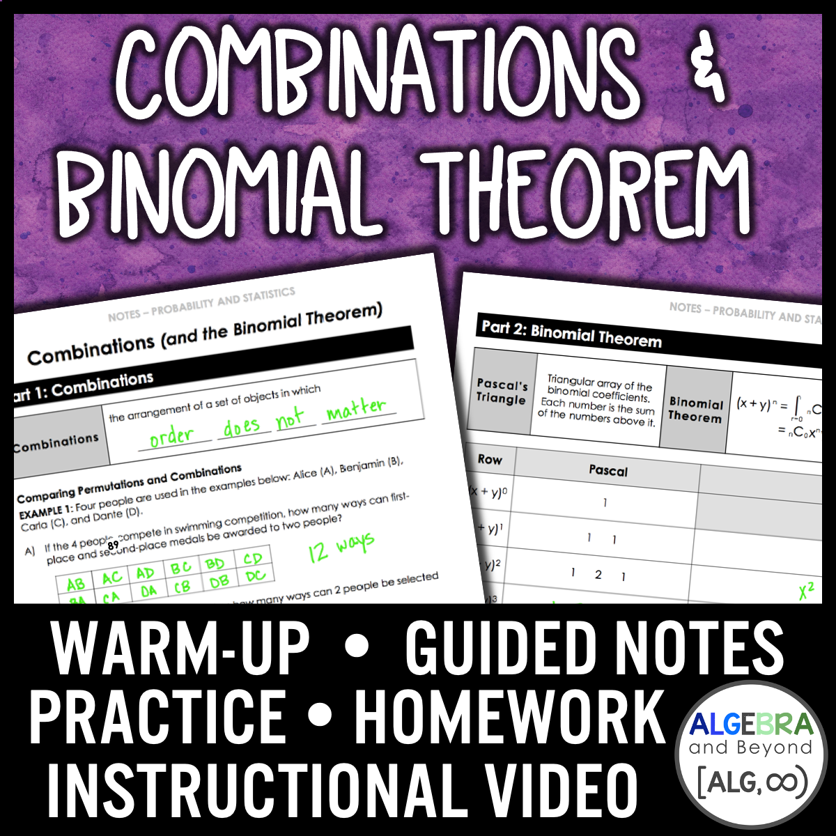 Combinations and Binomial Theorem Lesson | Video | Guided Notes | Homework