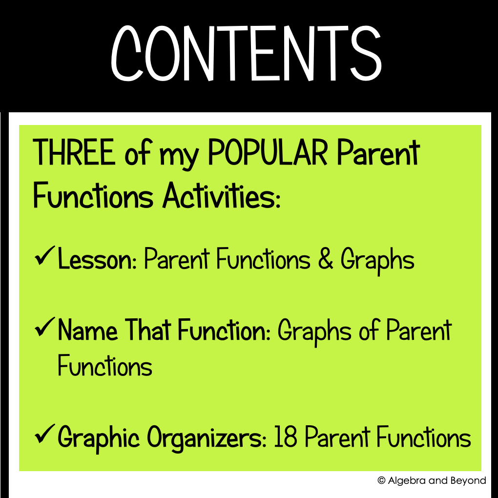 Parent Functions and Graphs Activities, Graphic Organizers, Review Worksheets