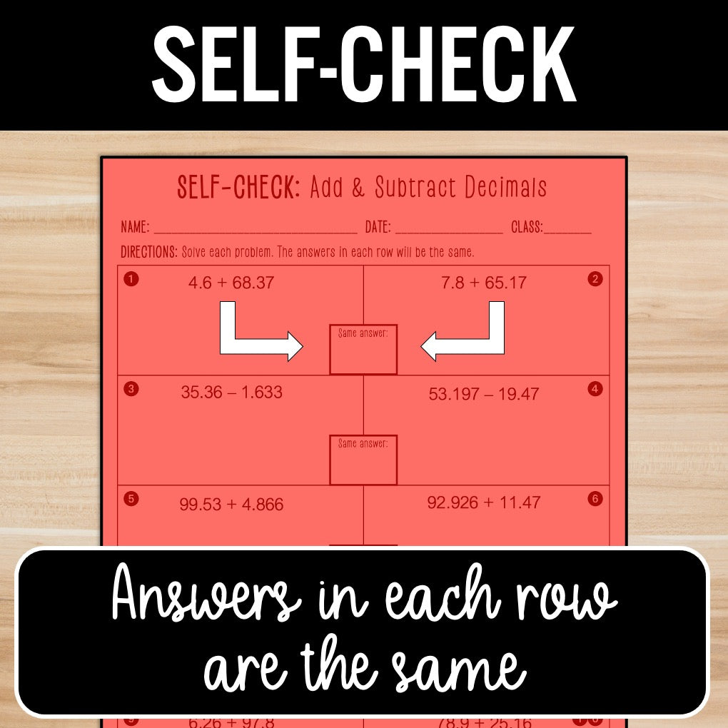 Add and Subtract Decimals | Self-Check Activities