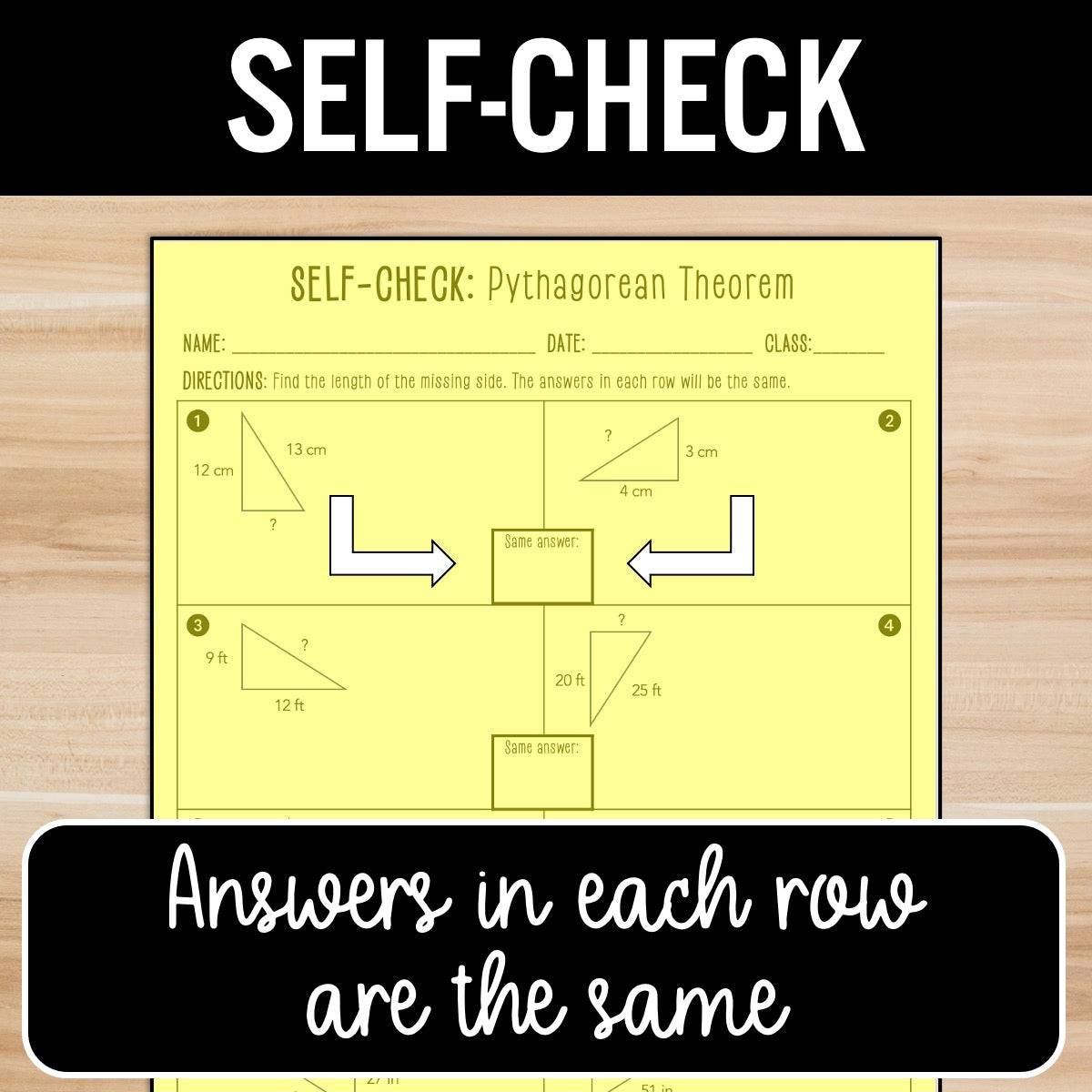 Pythagorean Theorem Review Activity – Self-Check Practice Worksheets