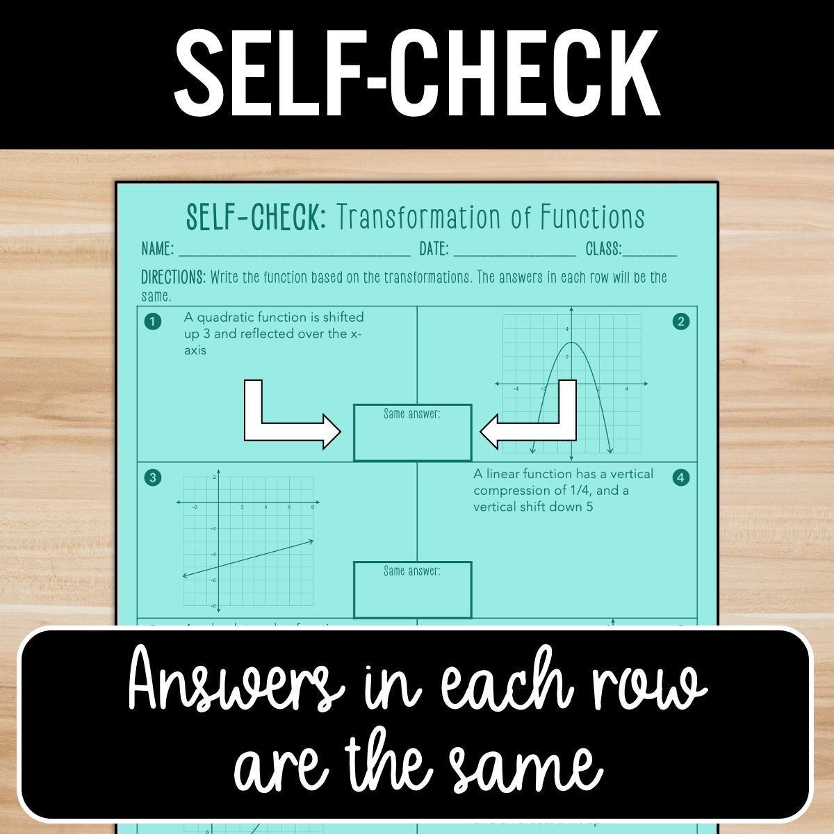 Transformations of Functions Activity – Self-Check Practice Worksheets