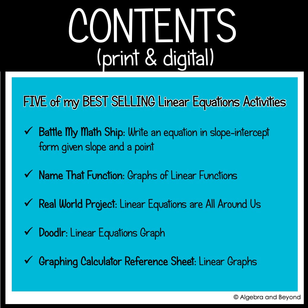 Linear Equations Review Activities Mini-Bundle | Graphing, Project, Slope-Intercept Form