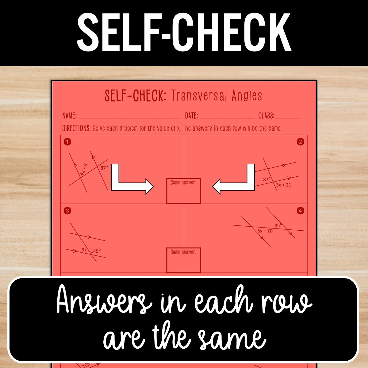 Parallel Lines Cut by a Transversal Activity – Self-Check Practice Worksheets