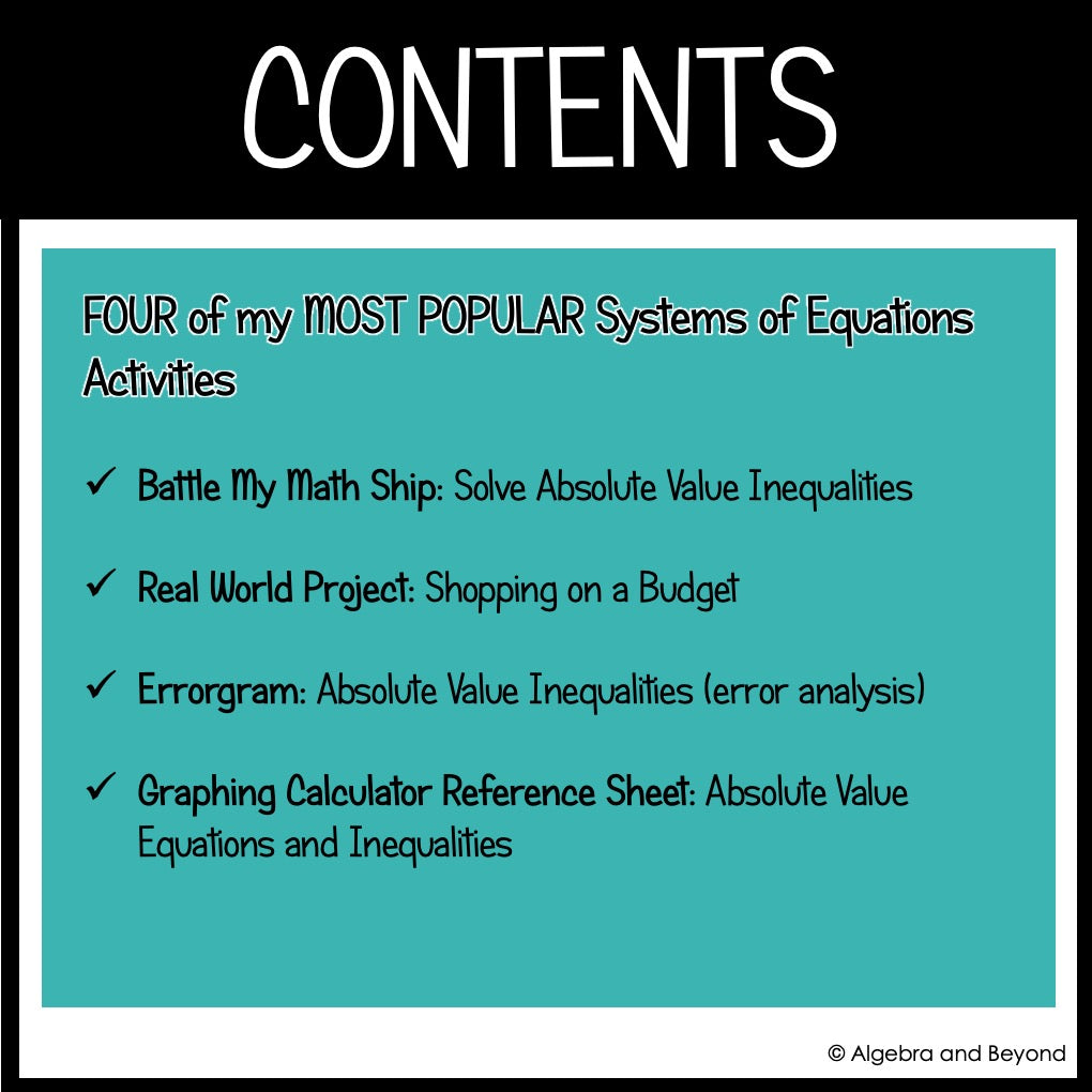 Absolute Value Inequalities Review Activities Mini-Bundle - Project, Game, Self-Check, Error Analysis