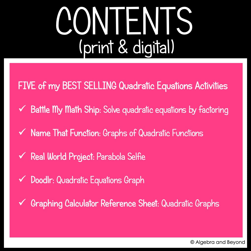 Quadratic Functions Review Activities Mini-Bundle : Graphing & Factoring