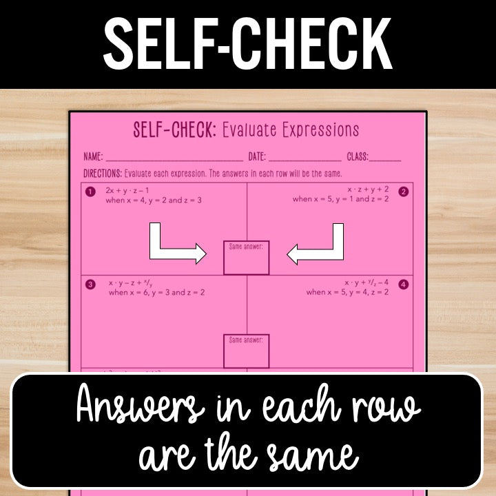 Evaluating Algebraic Expressions Activity – Self-Check Practice Worksheets