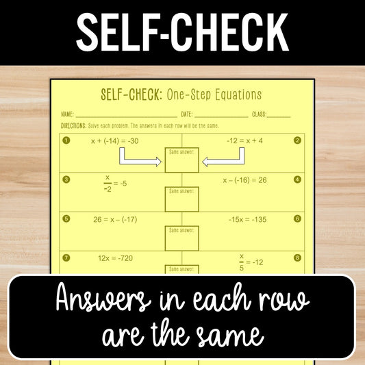 One-Step Equations | With Negatives | Self-Check Activities