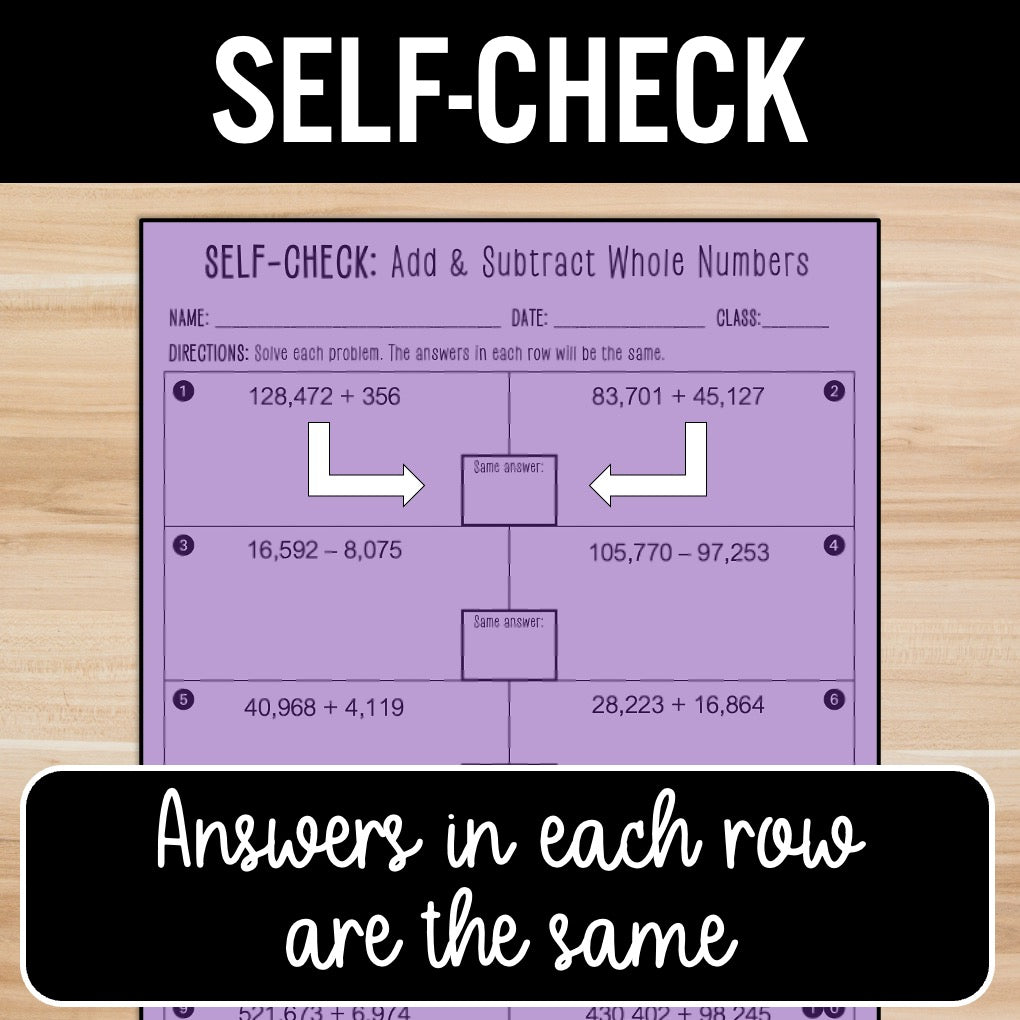Add and Subtract Whole Numbers | Self-Check Activities