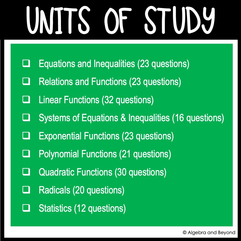 Algebra 1 & 2 Midterm & Final Exam, Semester Review, End of the Year Assessments
