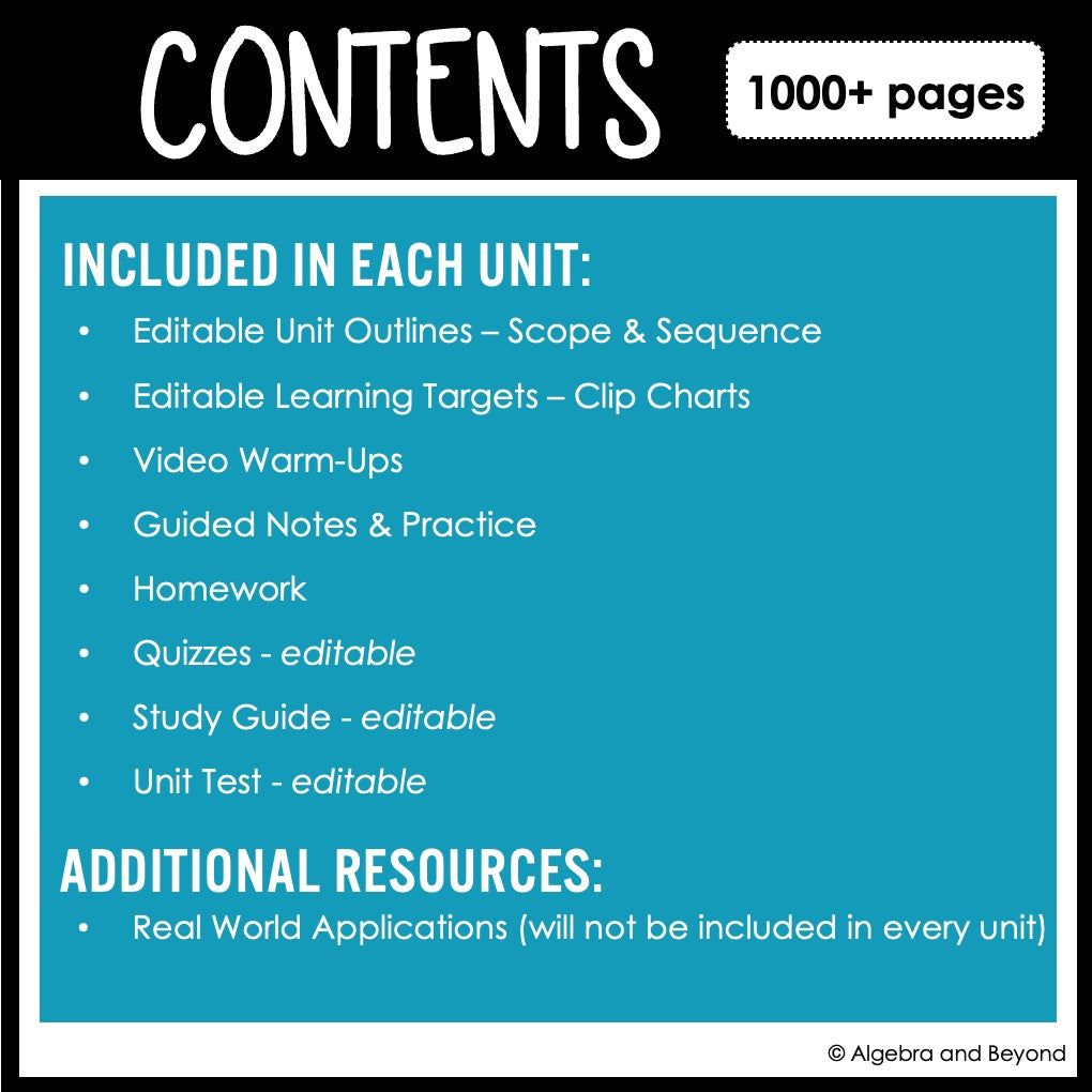 Algebra 2 Year Long Curriculum Bundle: Learning Targets, Outlines, Lessons, Warm-Ups, Guided Notes, Instructional Videos, Homework, and Assessments