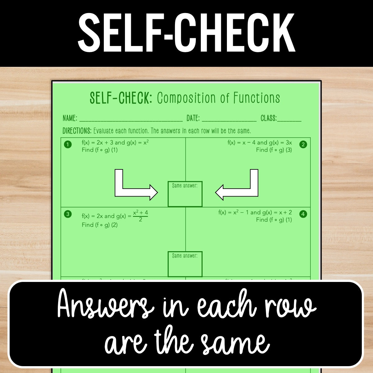 Composition of Functions Review Activity – Self-Check Practice Worksheets