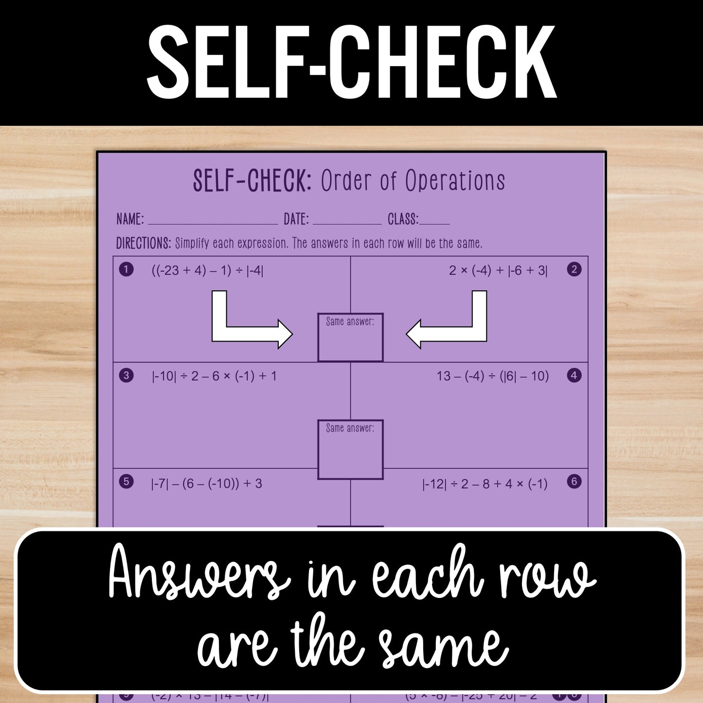 Order of Operations Worksheet | Positive and Negative Integers | Absolute Value