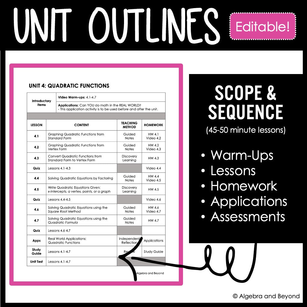 Algebra 2 Year Long Curriculum Bundle: Learning Targets, Outlines, Lessons, Warm-Ups, Guided Notes, Instructional Videos, Homework, and Assessments