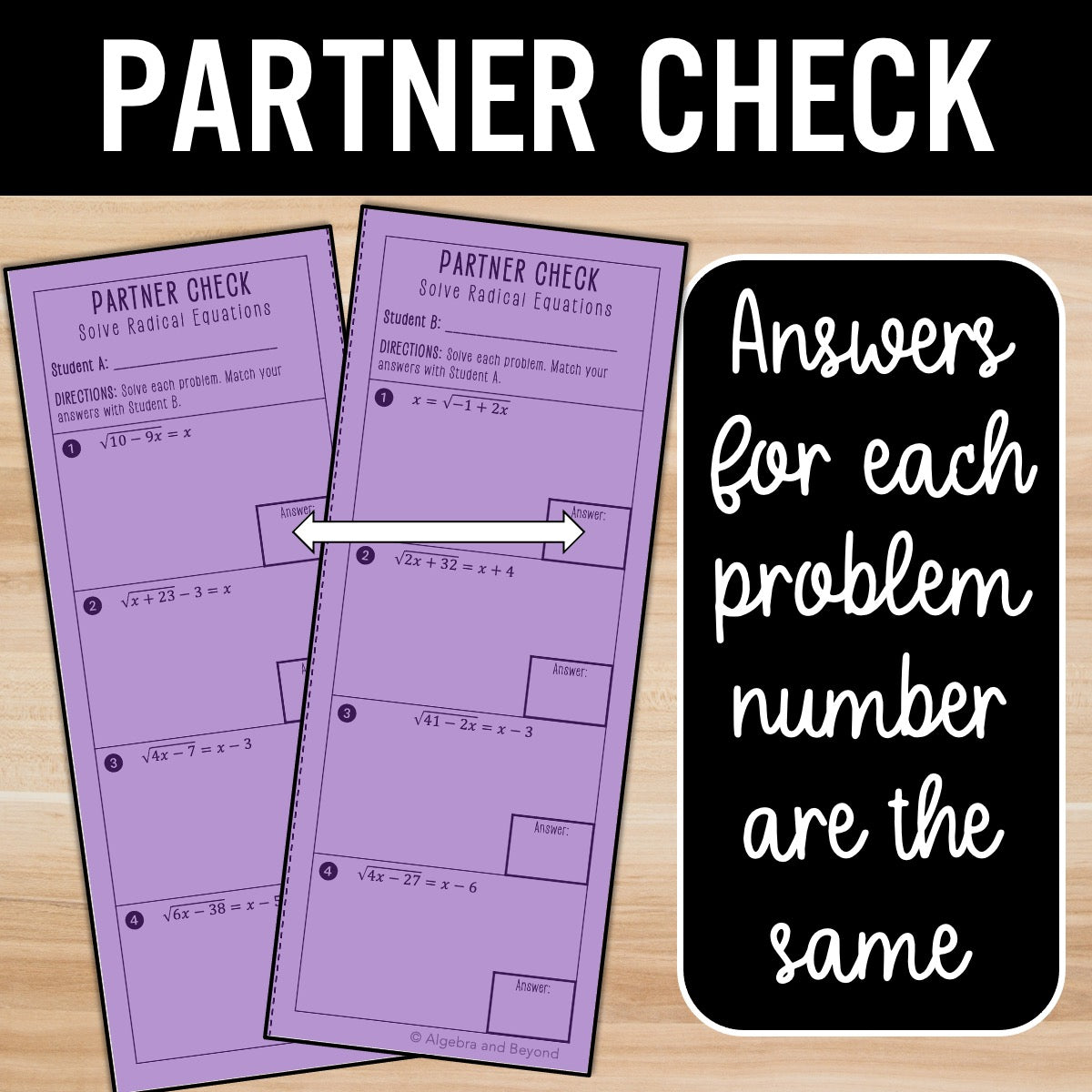 Radical Equations with 1 & 2 solutions Review Activity – Practice Worksheets
