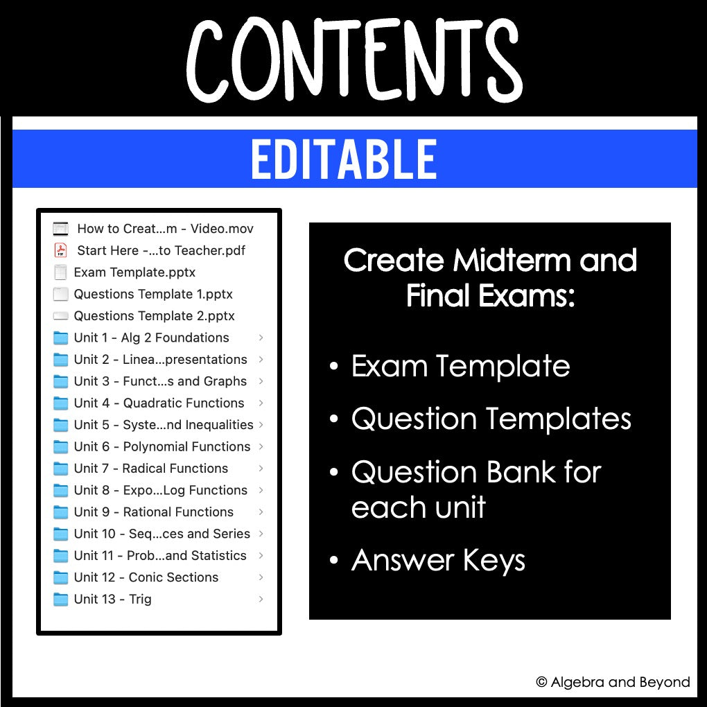 Algebra 2 Midterm and Final Exam | Semester Review | End of the Year Assessments